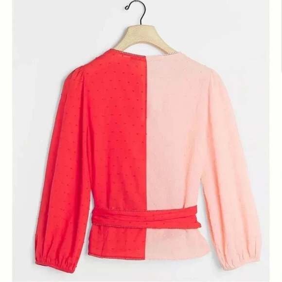 Anthropologie x FARM Rio Wrap Shirt Women's Small Blouse Top Swiss Dot Pink Red - Picture 3 of 7